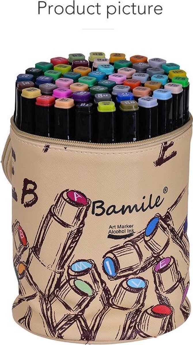 Bamile Artmarkers in luxe opberg etui - 60 kleuren - Student Design - alcohol basis - - dubbele punt