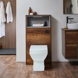 Hudson Reed WC-Ombouw 60cm met Open Plank en LED-Verlichting Donker Eiken - Halwell Toilet Staand - Inbouw Reservoir met Zwarte Spoelknop | Hoxton