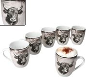 MamboCat Toro Set van 6 koffiemokken, 280 ml, wit-roze porseleinen mok met handvat en koeienmotief, voor 6 personen, kopjes in landelijke stijl voor warme dranken zoals thee, cacao en dergelijke