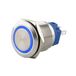 SeKi Roestvrijstalen drukschakelaar, diameter 16 mm, vergrendelend, platte kop, gekleurde verlichte led-ring in blauw, soldeeroogjes, platte stekker, 0,5 x 2,8 aansluiting