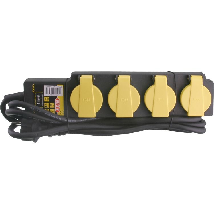 EXIN Stekkerdoos - 4-voudig - Randaarde - Spatwaterdicht - 3 meter - Zwart
