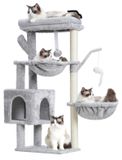 Poteau griffoir arbre à chat - 100 cm - Avec niche et 2 hamacs - Gris clair