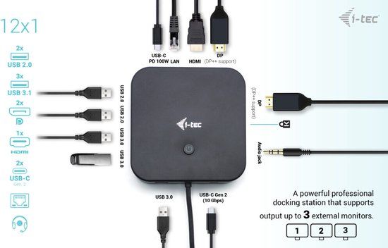 i-Tec USB-C HDMI Dual DisplayPort Docking Station – 100W Power Delivery – 3x 4K Monitorondersteuning – USB4 & Thunderbolt Compatibel – 6x USB – Ethernet – Audio – VESA Mount – Inclusief Oplader