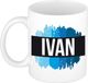 Bellatio Decorations Shoppartners Bv Ivan naam cadeau koffie mok - beker - met blauw verfstrepen - Cadeau collega - vaderdag - verjaardag - meester - coach - 300 ml - wit