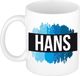 Bellatio Decorations Hans naam cadeau koffie mok - beker - met blauw verfstrepen - Cadeau collega - vaderdag - verjaardag - meester - coach - 300 ml - wit