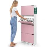 BAKAJI Schoenenrek van MDF-hout met 4 deuren, inklapbare schoenenhouder, intrekbare handgrepen, dubbele diepte, compact formaat, smal, 63 x 24 x 150 cm, ruimtebesparend, entree thuis (roze en wit)