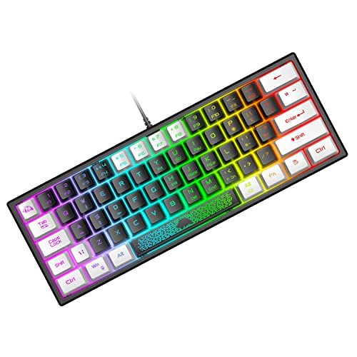 ZIYOU LANG Mini 60% Gaming Keyboard Wired Membraan Game Toetsenbord met Compact 62-Toetsen Mechanisc Feel Zwart Witte Dubbele Kleur Keycaps, Optisch Chroma RGB-Verlichting, UK Layout for PC Laptop Computer Mac