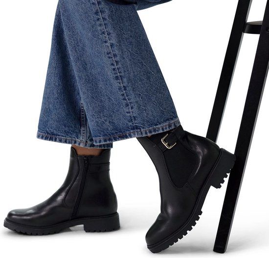 No Stress Dames Zwarte Leren Chelsea Boots met Gesp - Maat 38