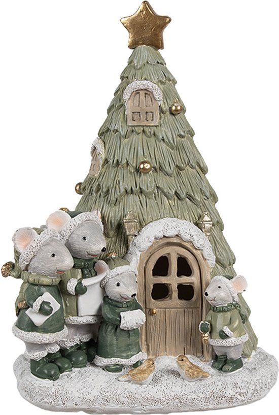 Clayre & Eef Decoratie Huis met LED Kerstboom - 12x11x17 cm - Groen