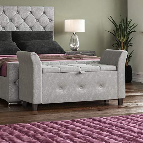 Vida Designs Ottomaanse zilverkleurige fluweel, stoffen deksel, zitting, kruk, vensterbank, kist, speelgoed-opbergbox, voetenbank
