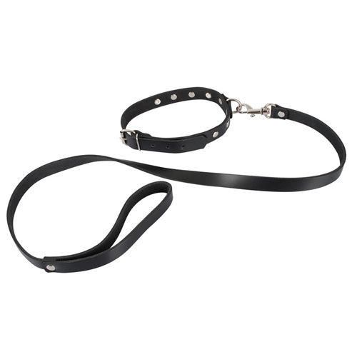 Zado Lederen Halsband Met Riem - Zwart