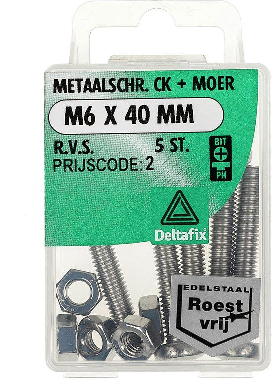 Deltafix. M6 x 40 mm RVS metaalschroeven met moer, 5 stuks