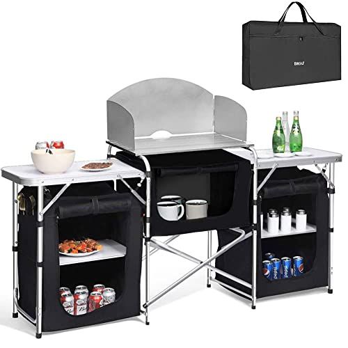 BAKAJI Draagbare campingtafel, inklapbaar, van aluminium, met windscherm en 2 vakken, van zwarte stof, 173,5 x 49 x 111 cm