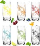 Verre met bloemenpatroon - Vaatwasmachinebestendig - Set van 6 - Groen, Geel, Oranje, Rood, Turquoise, Zwart - Stevig geperst glas