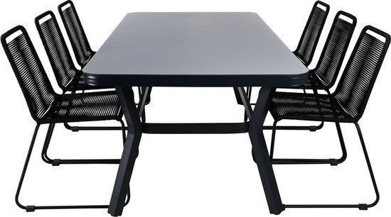 Hioshop Virya tuinmeubelset tafel 100x200cm en 6 stoel stapel Lindos zwart, grijs.