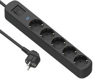 Electraline 62427 Prima 5-stopcontacten Schuko 16A stekkerdoos met overspanningsbeveiliging + aan/uit-schakelaar, 1,5 m kabel, Zwart