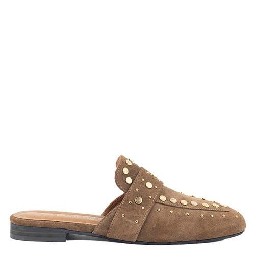 Babouche Suede Mules with Studs Light Brown