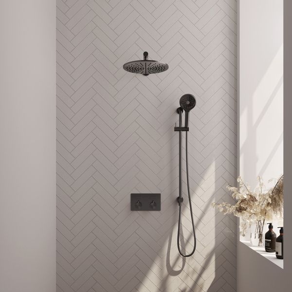 BRAUER gunmetal Carving Thermostatische Regendouche inbouw - drukknoppen - SET 68 - 30cm hoofddouche - rechte muurarm - 3 standen handdouche - doucheslang - geïntegreerde glijstang - gunmetal geborsteld PVD 5-GM-203