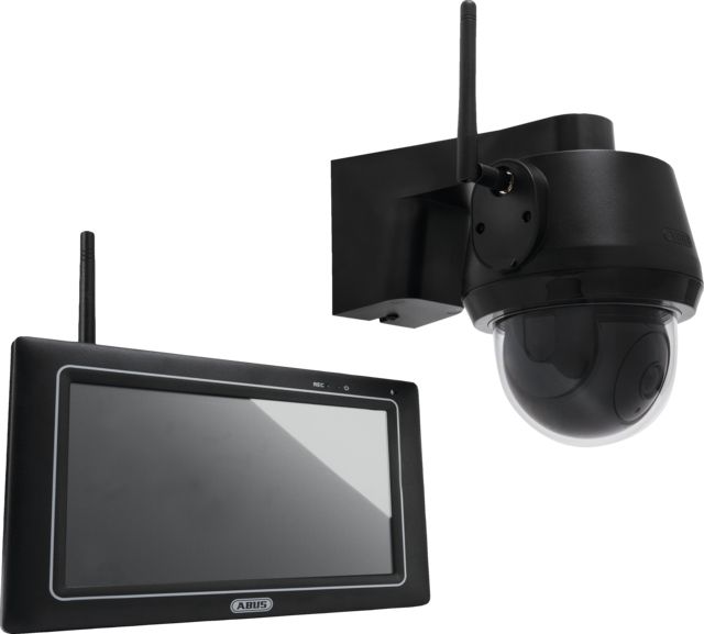 ABUS PPDF17100 Draadloze 4-kanaals videotoezichtkit met 1 camera, 7" scherm, Wi-Fi, nachtzicht, en microSD-ondersteuning.