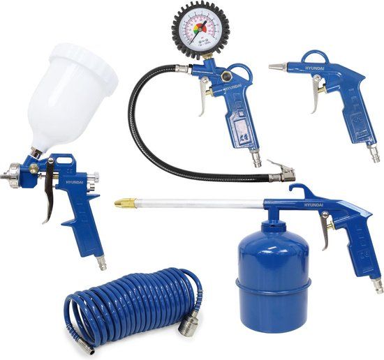 HYUNDAI Compressor Accessoireset - 5-delig - Verfspuit, Vloeistofspuit, Bandenvulpistool, Blaaspistool & Spiraalslang - 5 bar