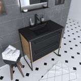 Aurlane PACM093 badkamermeubel 80x50cm bruin eiken met 2 mat zwarte lades en zwarte hars wastafel met steeneffect
