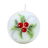Dekohelden24 Elegante bolkaars, tafelkaars, decoratieve kaars, waskaarsen met kerstmotief, kerstkaars als bol 10 cm met dennentakken en bessen, in wit, rood en groen.