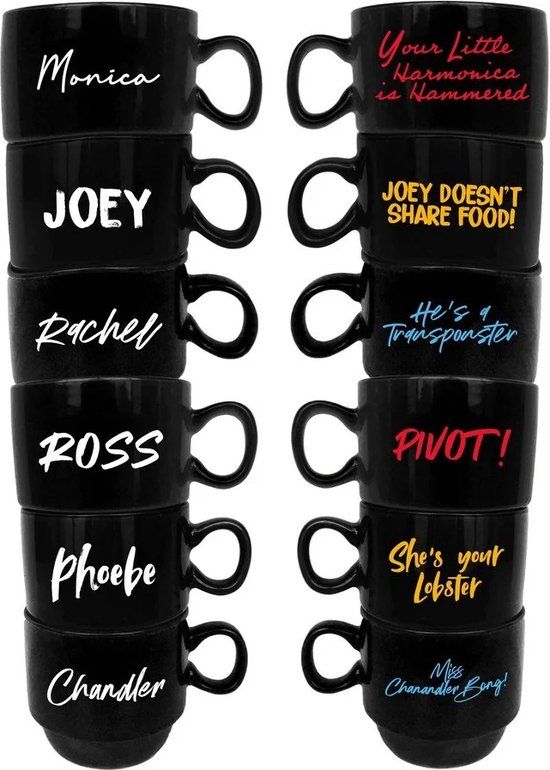 Friends Characters Coffee Cups - Set of 6 - Black Ceramic - 150ml