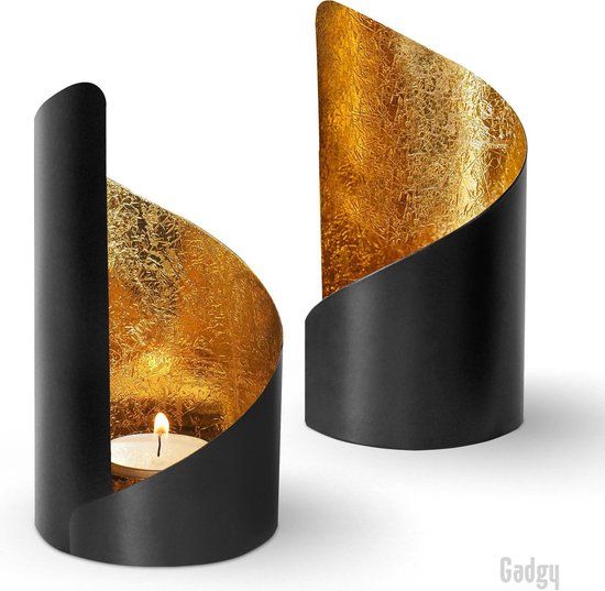 Gadgy Waxinelichthouder Twist - Set van 2 - Metaal - Zwart/Goud