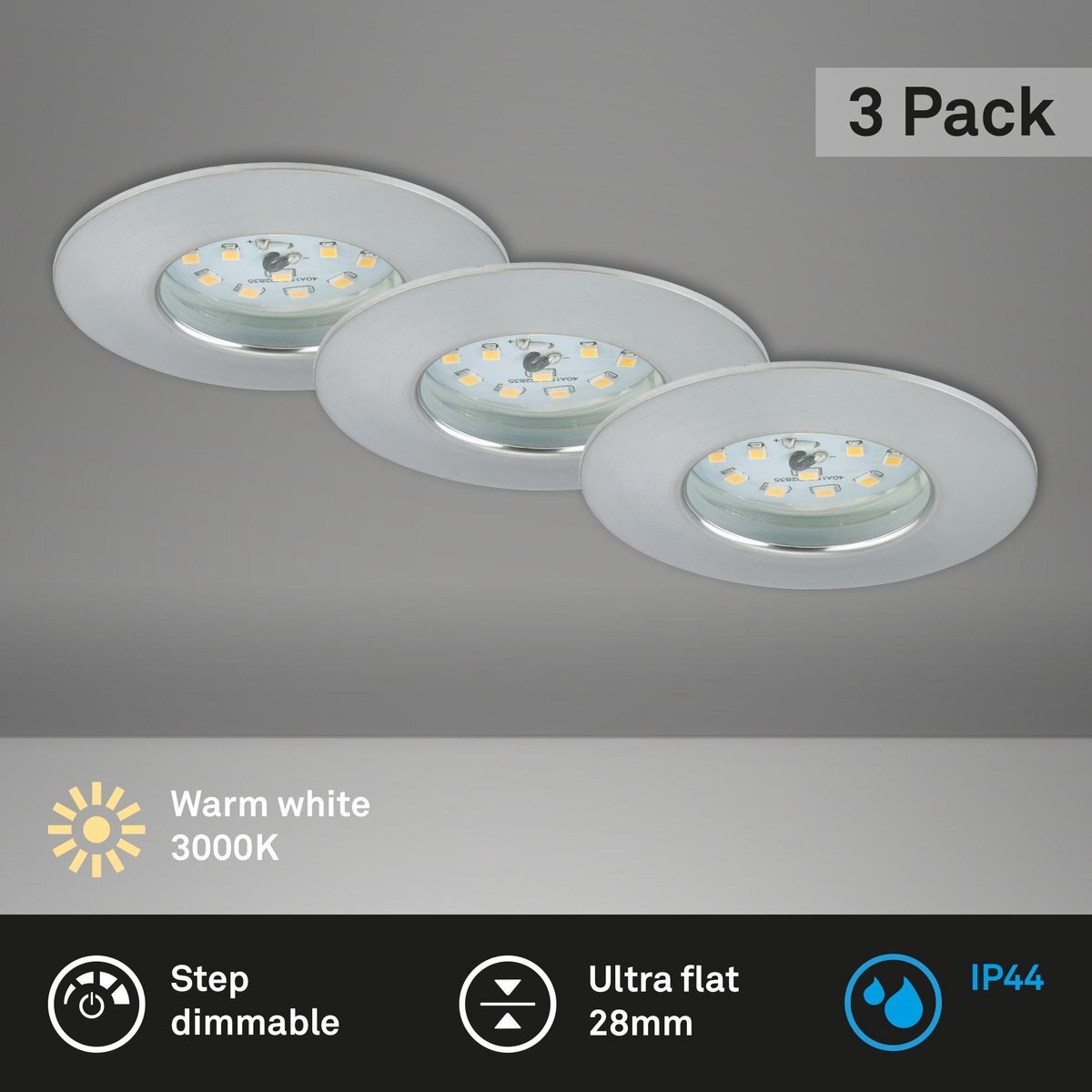 Briloner Leuchten - LED-inbouwlampen set van 3 dimbaar, elk 6,5 W, 3.000 Kelvin IP44, aluminiumkleurig Ø7,5 cm