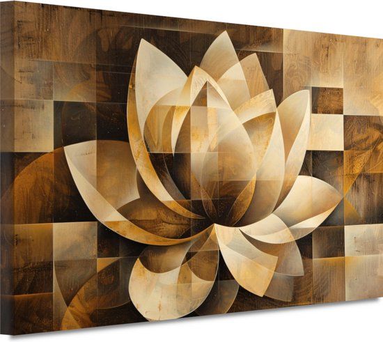 Merkloos / Sans marque Canvas schilderij Lotus portret - 70x50 cm - Modern - Bruin/Beige/Crème/Goud/Wit
