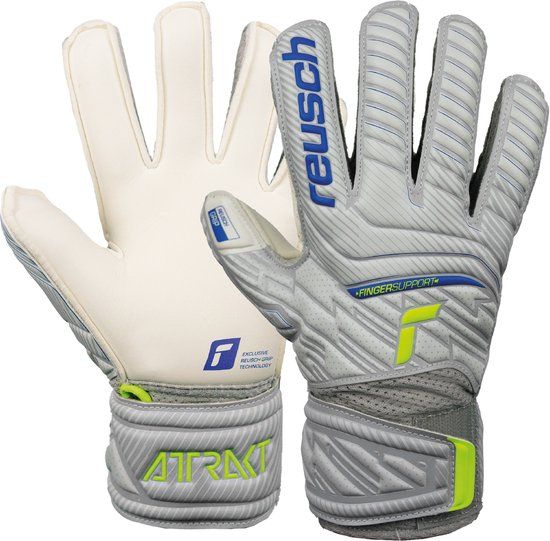 Reusch Attrakt Grip Finger Support Junior Voetbalhandschoenen - Maat 4.5 - Met Fingersave - Licht grijs/blauw/geel