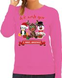 Bellatio Decorations Foute Kersttrui sweater - dames - We wish you - roze - kerst dieren - cadeau - L