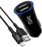 Jaym Autolader Pakket 2 USB-A 12W met USB-A naar Lightning MFi Kabel 1m, Zwart