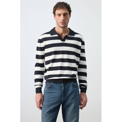 Mango Man gestreepte trui fijn gebreid donkerblauw