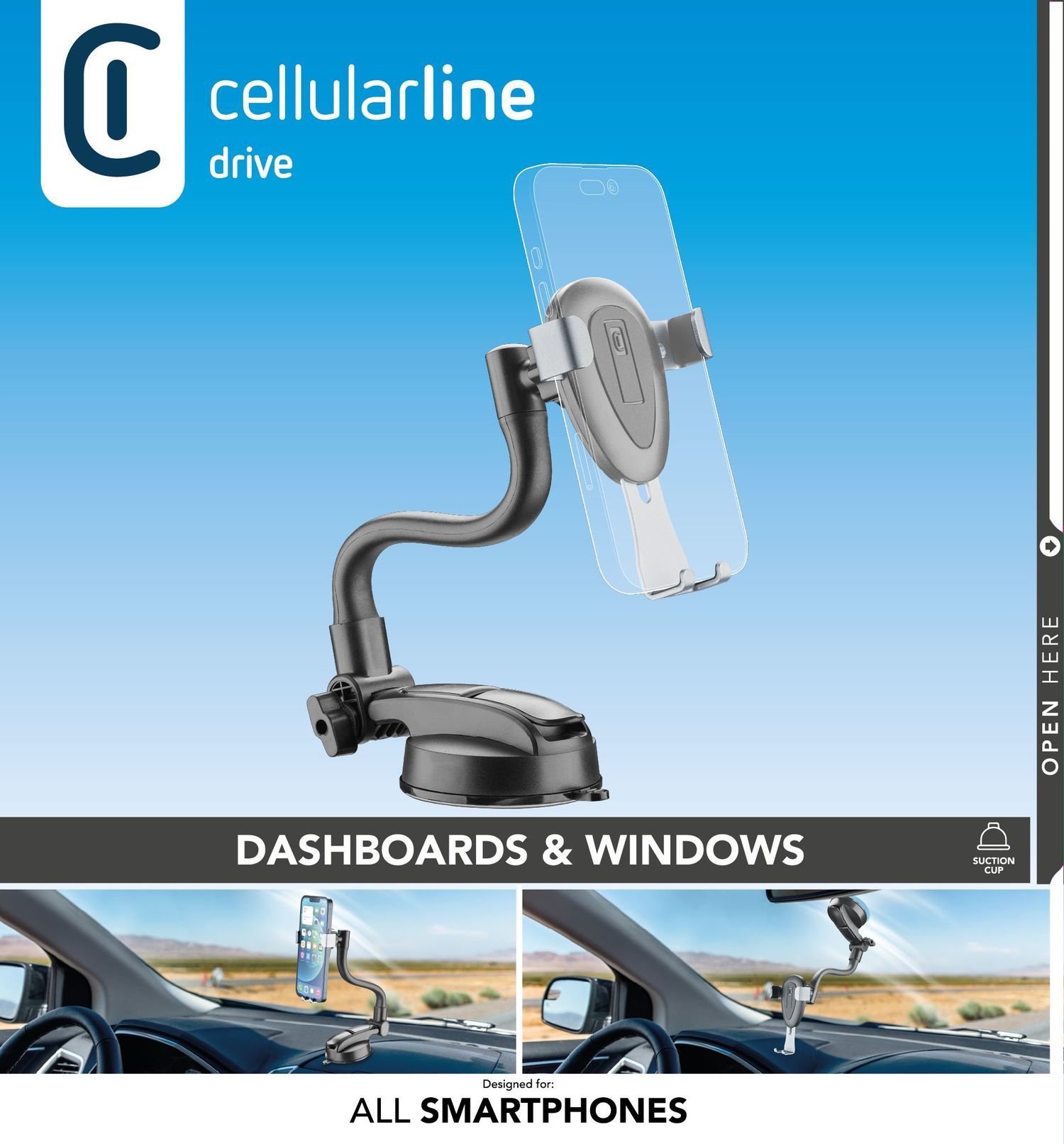 CellularLine Slide Flexy Universele smartphonehouder in de auto met zuignap en flexibele arm voor dashboard of glas, zwart