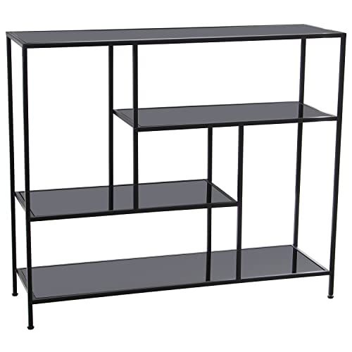 DRW Ingangtafel van metaal met glazen planken, zwart, 100 x 30 x 85 cm