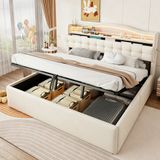 STILVORA Gestoffeerd Bed 180x200cm Zonder Matras – Hydraulisch Opbergbed Met Led Verlichting, Usb En Usb C – Hoofdbord Opbergruimte – Beige