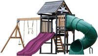 AXI Cody Speeltoestel met Schommels, Trapeze en Klimwand – Paarse Dubbele Glijbaan – Met Buisglijbaan - Met Picknickbank - FSC 100% hout – Speeltoren voor de tuin / buiten