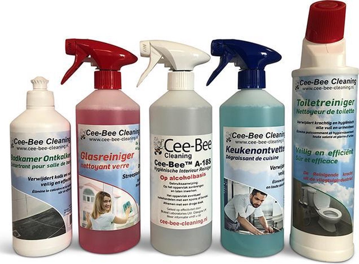 Cee-Bee-Cleaning Schoonmaakpakket | 5 unieke producten | Toiletreiniger | Ontkalker | Ontvetter | Glasreiniger | Interieurreiniger