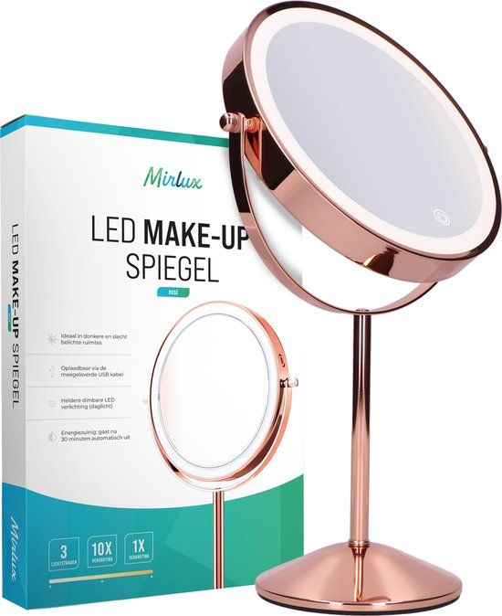 Mirlux Make-up spiegel met LED-verlichting - 10x vergroting - Scheerspiegel - 3 lichtstanden - Oplaadbaar - Roségoud
