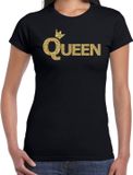 Bellatio Decorations Shoppartners Bv Koningsdag Queen t-shirt zwart met gouden letters en kroon dames - Koningsdag kleding / outfit M