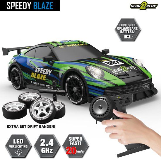 Gear2Play Speedy Blaze RC Auto 1:16 – Drift Auto met Licht & Geluid – Inclusief Oplaadbare batterij en extra set Banden