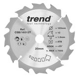 Trend Wood CSB/16512T Accu-cirkelzaagblad, diameter 165 mm, 20 mm boring, 12 tanden, 1,5 mm snijvoeg, +25° haak, TCT, grof oppervlak