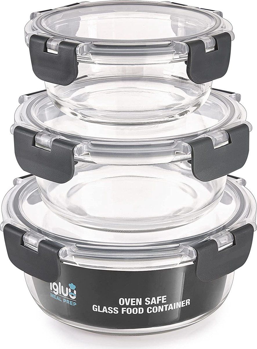 Igluu Meal Prep - Set van 3 Stapelbare Ronde Glazen Containers - Lunch Box