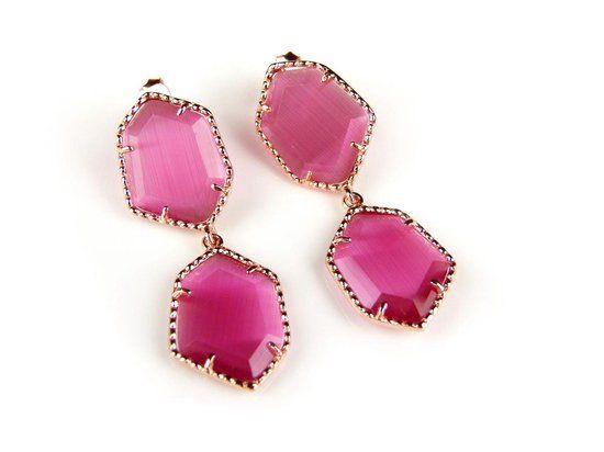 Zilveren oorhangers met roze steen - Model Hexagon - 925 zilver