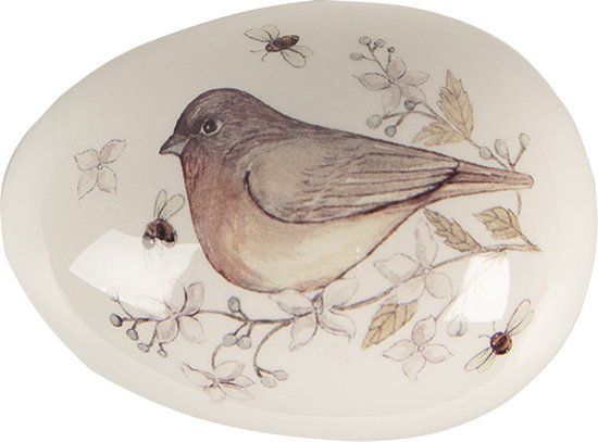 Clayre & Eef Decoratie Beeld Ei 7 cm Wit Bruin Keramiek Vogel
