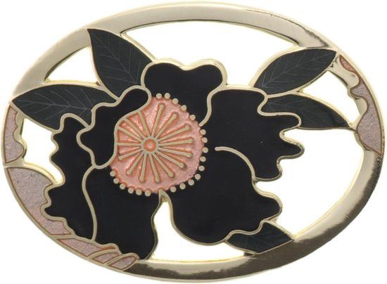 Behave® Broche ovaal goud kleur met emaille - Zwarte bloem - 5 cm