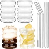 Unyqoos® Set van 4 glazen, 300 ml – gegolfde borosilicaatglazen met 4 glazen rietjes en een reinigingsborsteltje, geschikt voor koffie en cocktails
