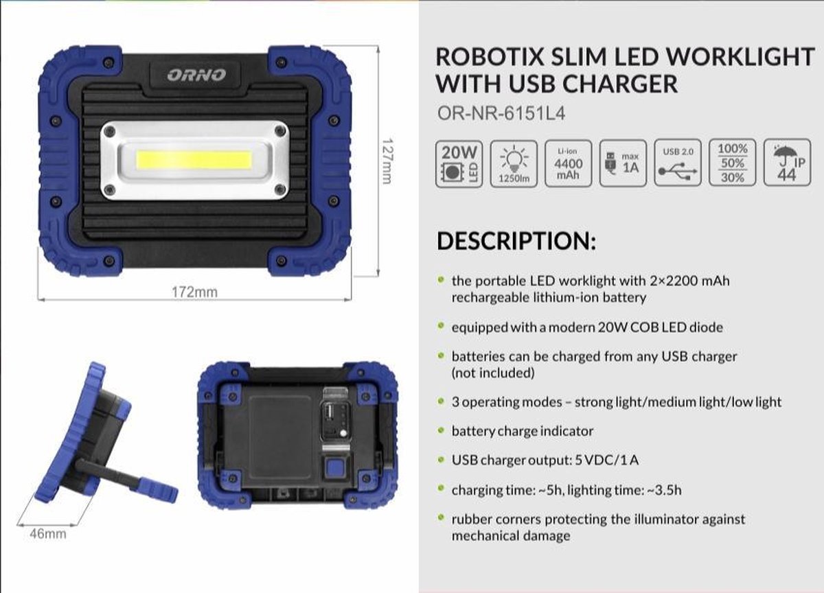 Orno ROBOTIX LED Werklamp met ingebouwde powerbank - 20 Watt - 1250 lm - 4000K - IP44 - 4400 mAh