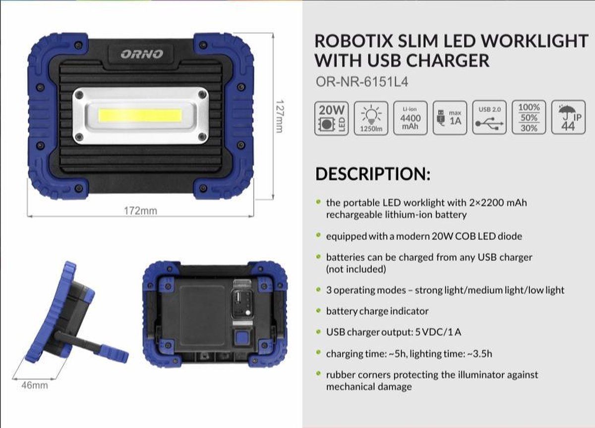 Orno ROBOTIX LED Werklamp - 20W - 1250 lm - 4000K - IP44 - Powerbank